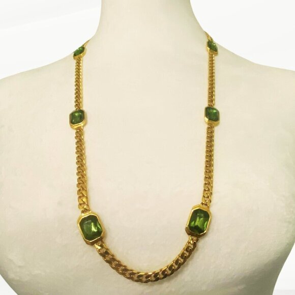 Chunky Gold Cuban Link Chain with Faux Emeralds - Picture 2 of 6